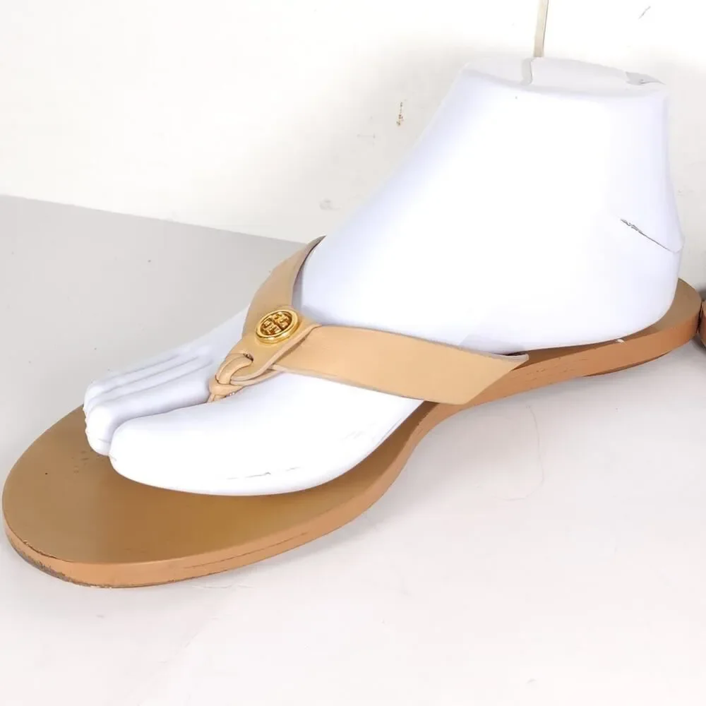 Tory Burch Women's Manon US9M Natural Leather Flat Thong Flip Flops Sandals